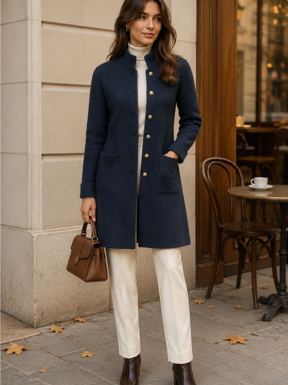 Adrienne Vittadini Navy Bouclé Knit Gold Button Long Cardigan Coat XS NWOT